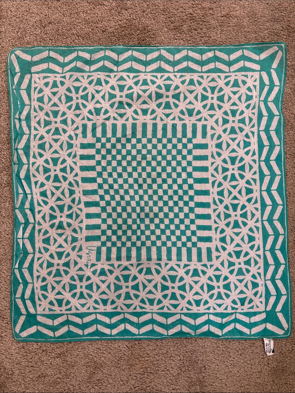 Turquoise and White Geometric Square Scarf 100% Cotton